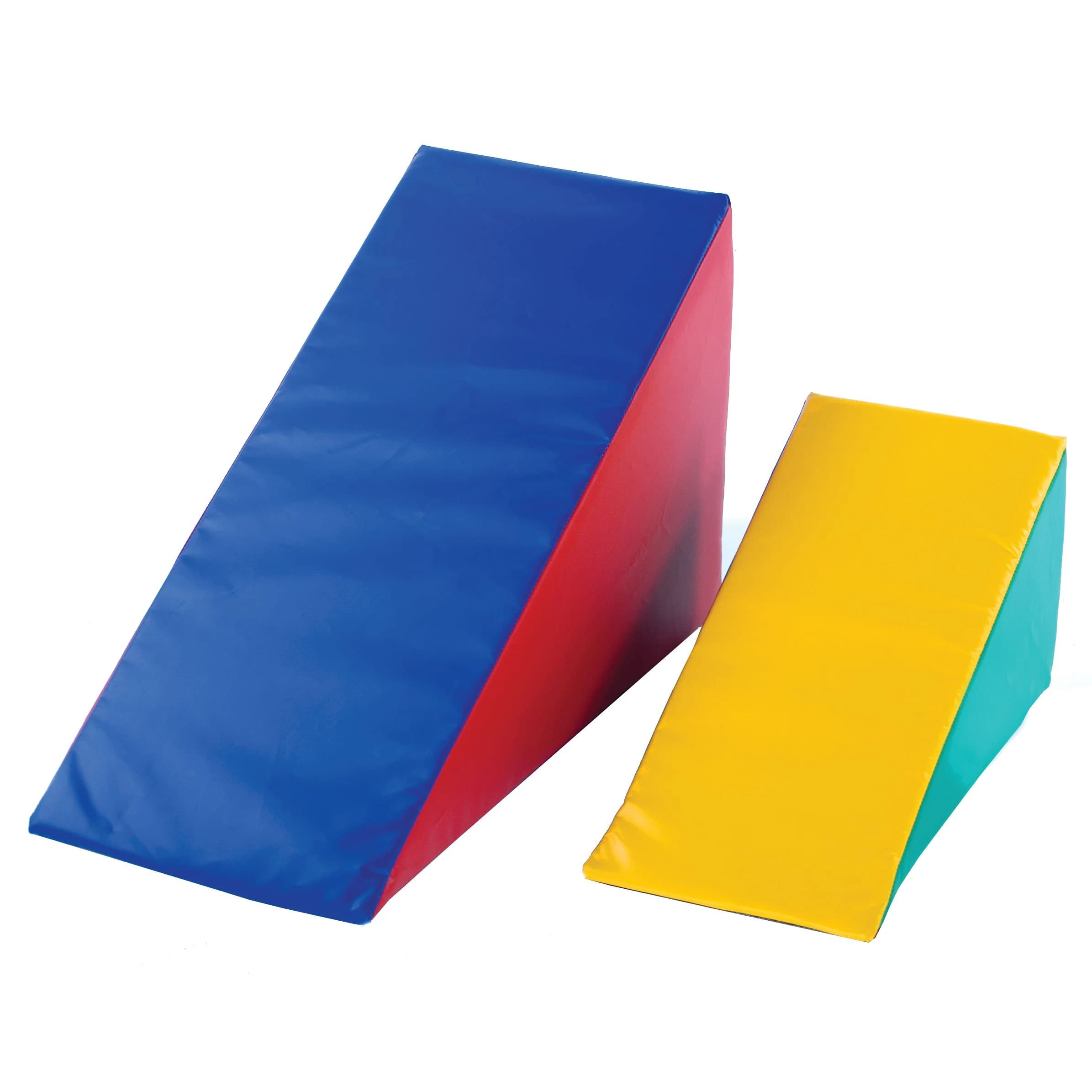 Two soft play foam wedges, one large with a blue top and red side and a smaller one with a yellow top and turquoise side on a white background.