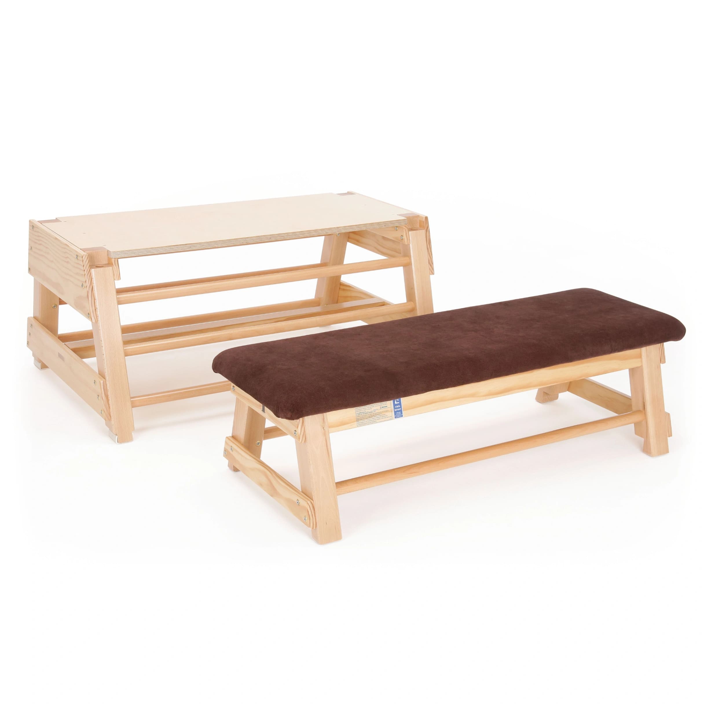 Wooden bar box with quality hide top, fitted interlocking corner blocks and castors, shown beside a brown padded bench.