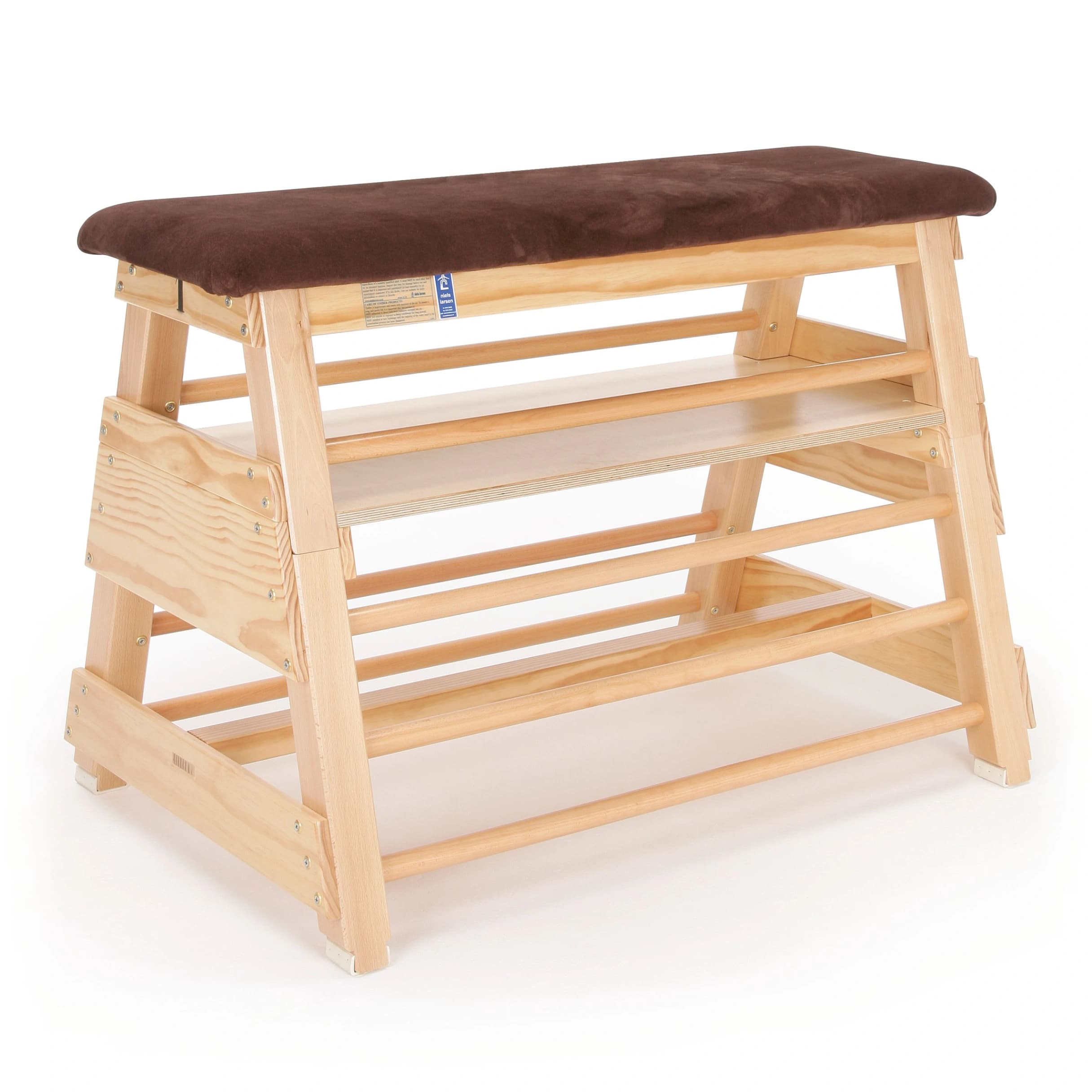 Wooden multi-section bar box with brown hide top, slatted sides, interlocking corner blocks fitted, and castors.